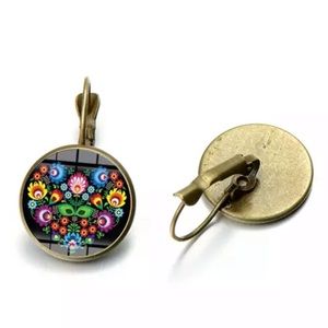Boho Polish Folk Pattern Drop‎ Earrings Art Glass